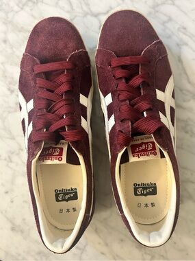 Onitsuka Tiger Burgundy Suede Sneakers with White Stripes